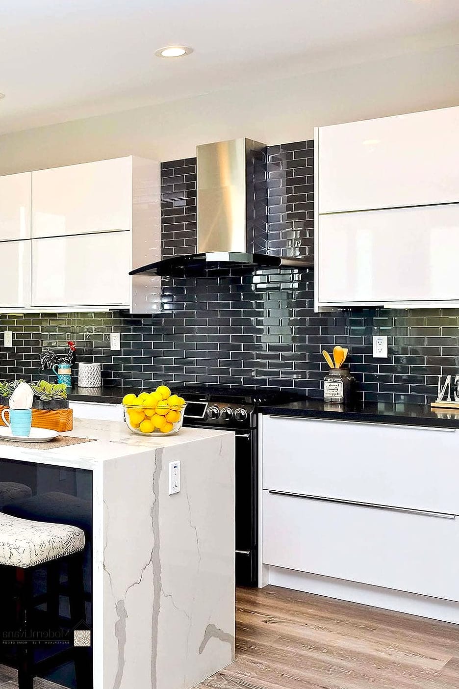 Black Backsplash with White Cabinets