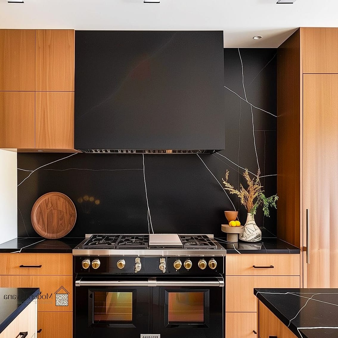 Black Backsplash Behind Open Shelving
