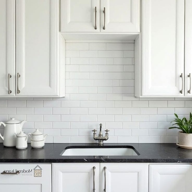Black Granite Countertop with White Subway Tile Contrast