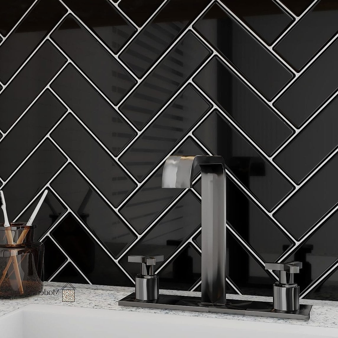 25 Black Tile Ideas to Show Your Contractor 4 Black Herringbone Backsplash