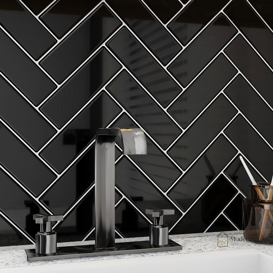 Black Herringbone Backsplash