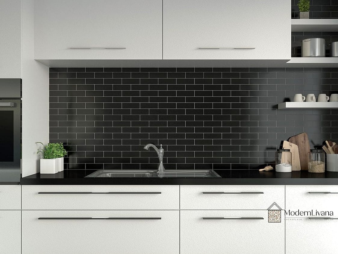 Black Kitchen Backsplash with Open Shelving