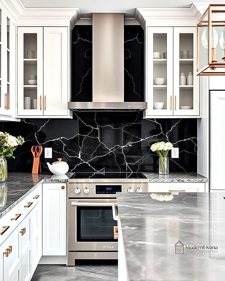 30 Marble Backsplash Ideas That Are Stylish and Practical 11 Black Marble for Bold Contrast