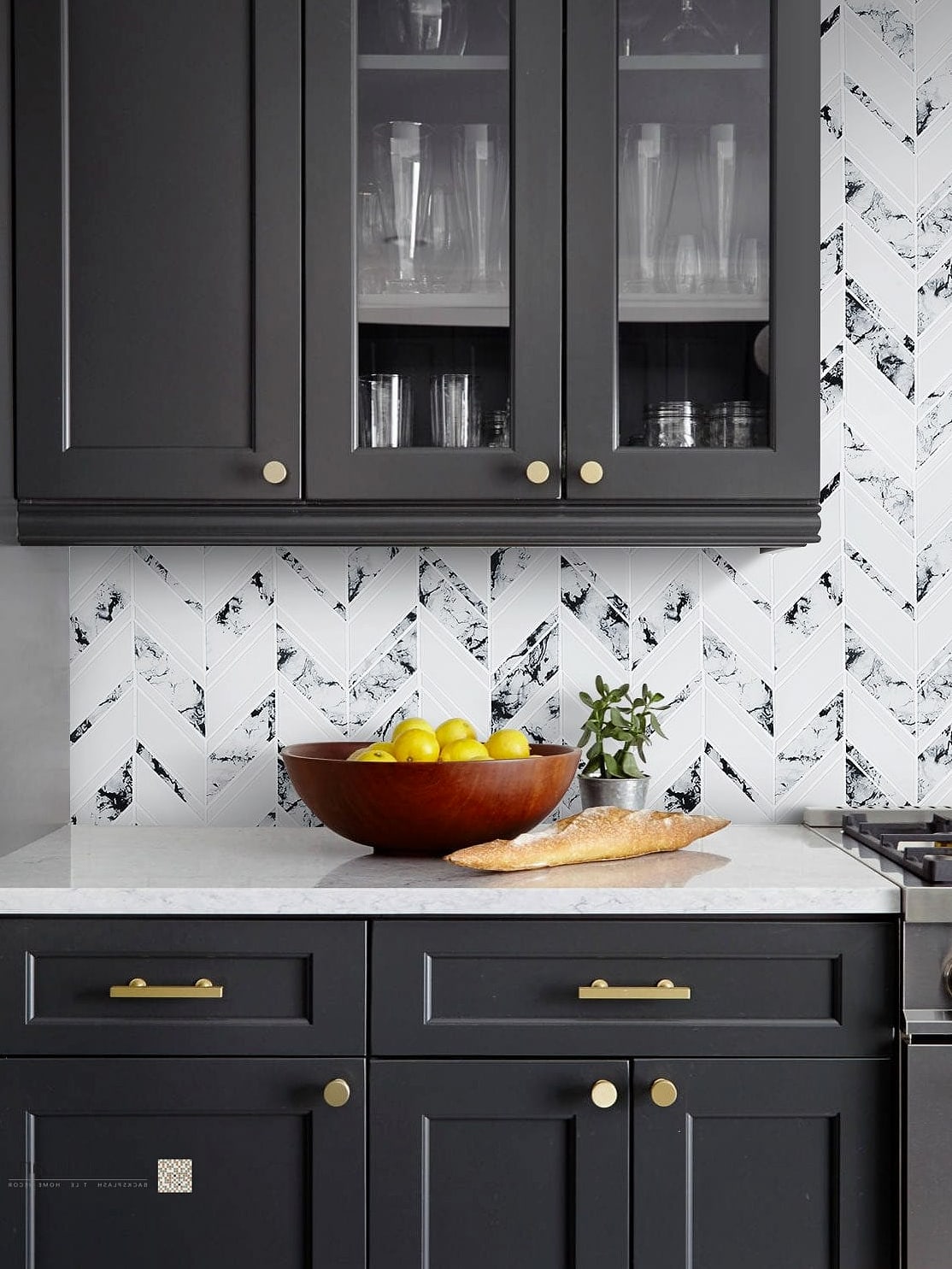 Black Marble Chevron for a Dramatic Kitchen Design