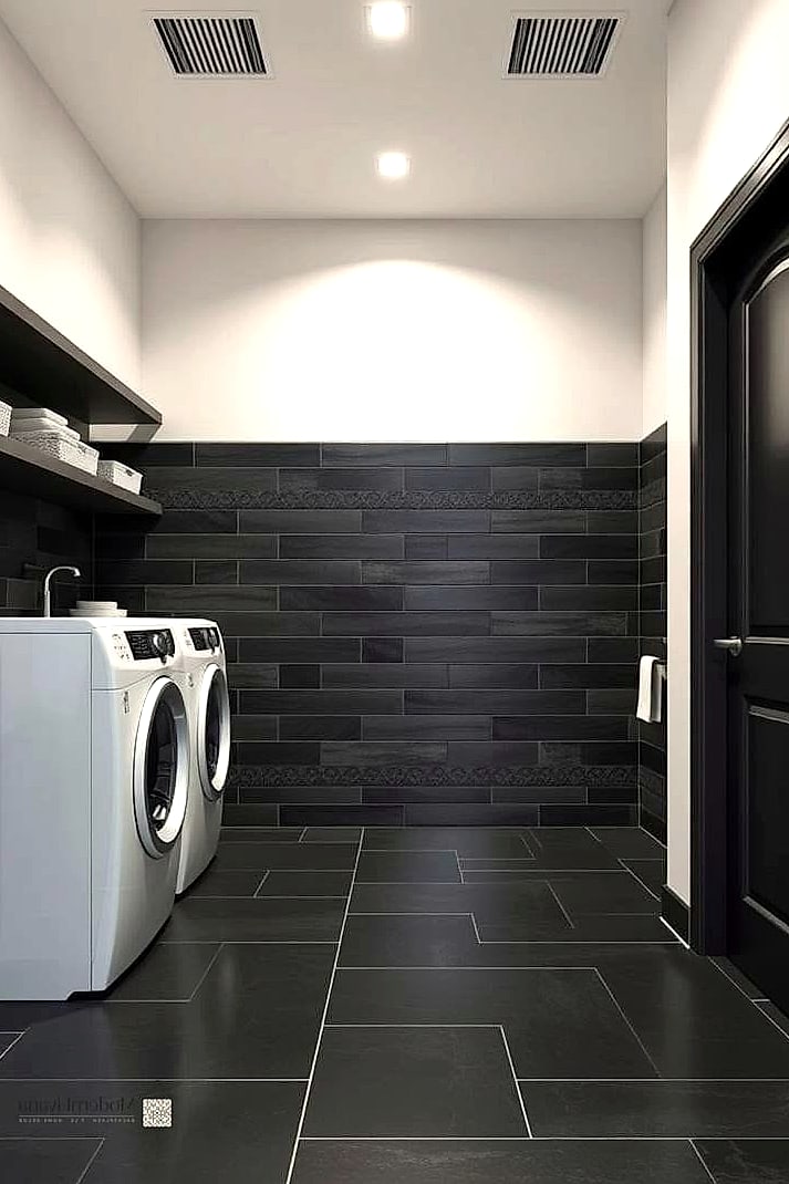 Black Tile Laundry Room Floor