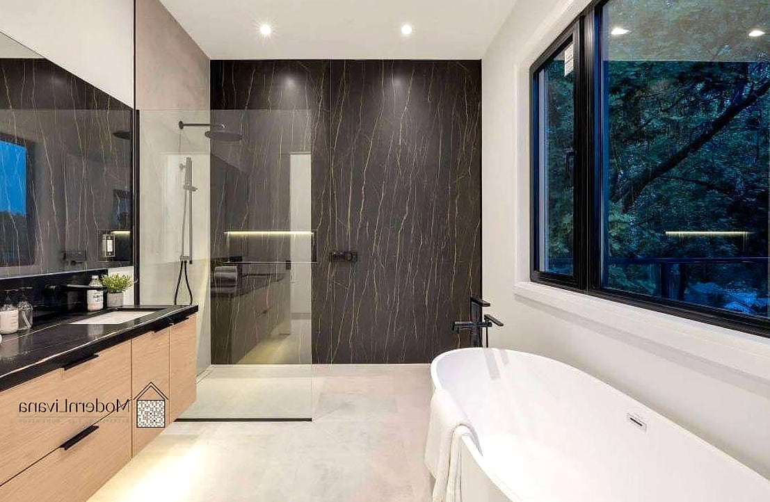 Black Tile Mixed with Wood and Warm Neutrals