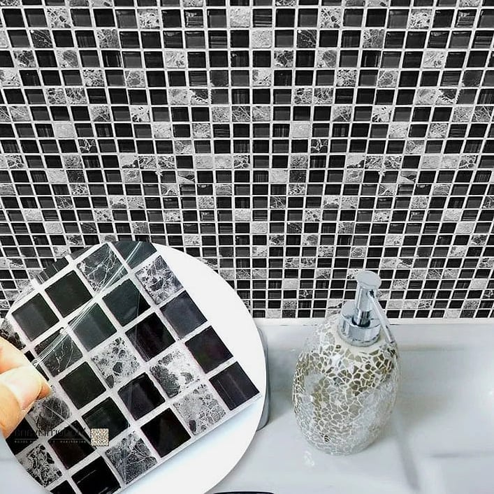 Black and White Mosaic Tile with Color Accents