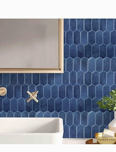Blue Elongated Hexagon Tile Shower Surround