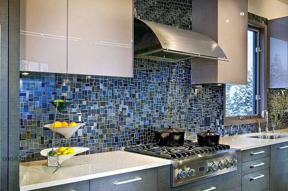 27 Blue Mosaic Tile Ideas From Homes We Absolutely Love 16 Blue Mosaic Tile Kitchen Backsplash with Open Shelving