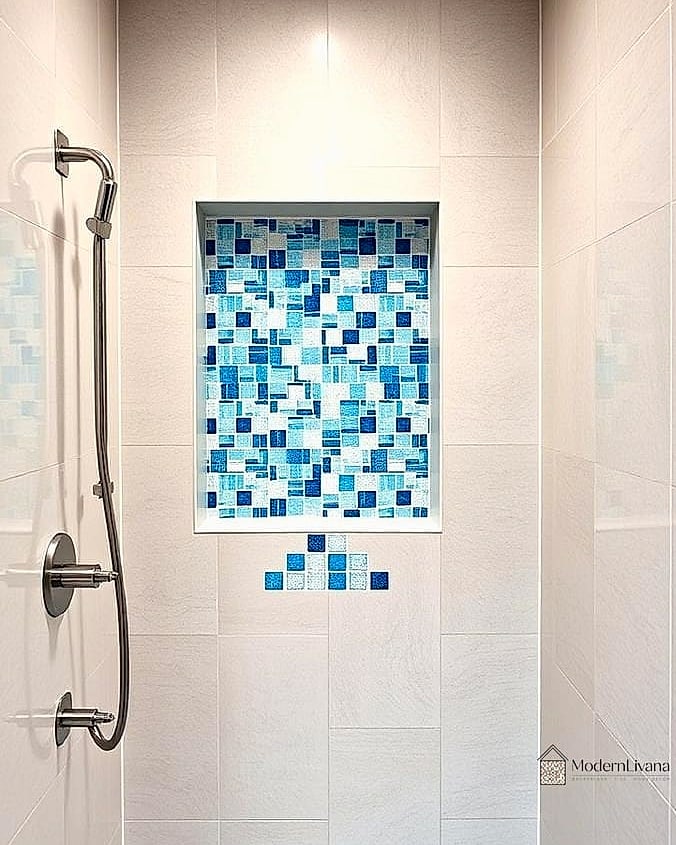 27 Blue Mosaic Tile Ideas From Homes We Absolutely Love 23 Blue Mosaic Niche Inside a Neutral Shower