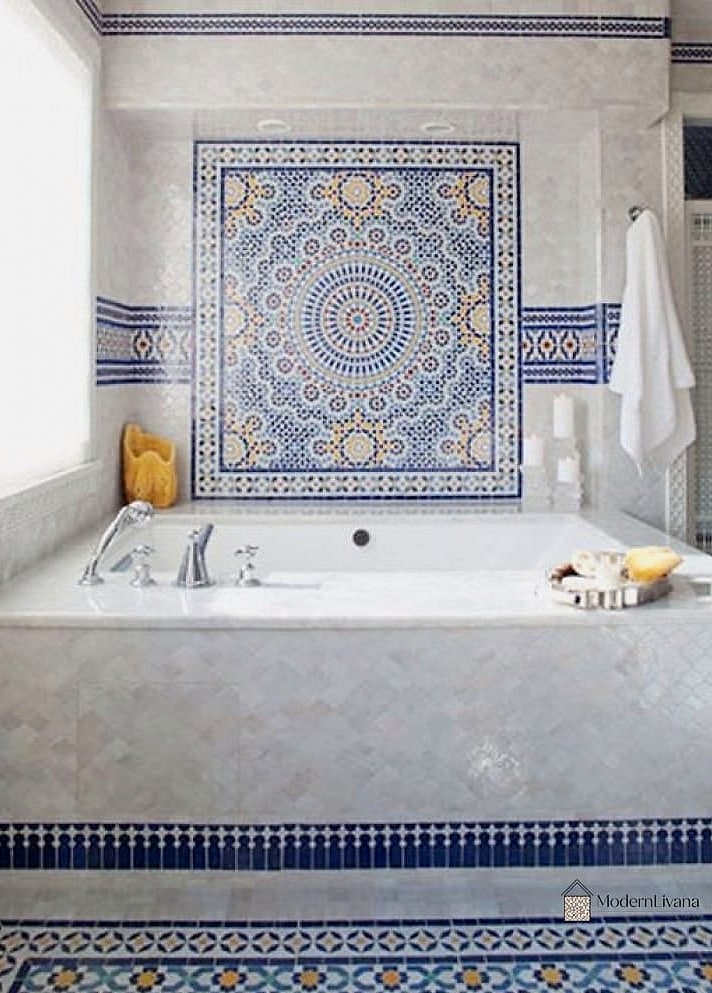 27 Blue Mosaic Tile Ideas From Homes We Absolutely Love 6 Blue and White Moroccan-Inspired Mosaic