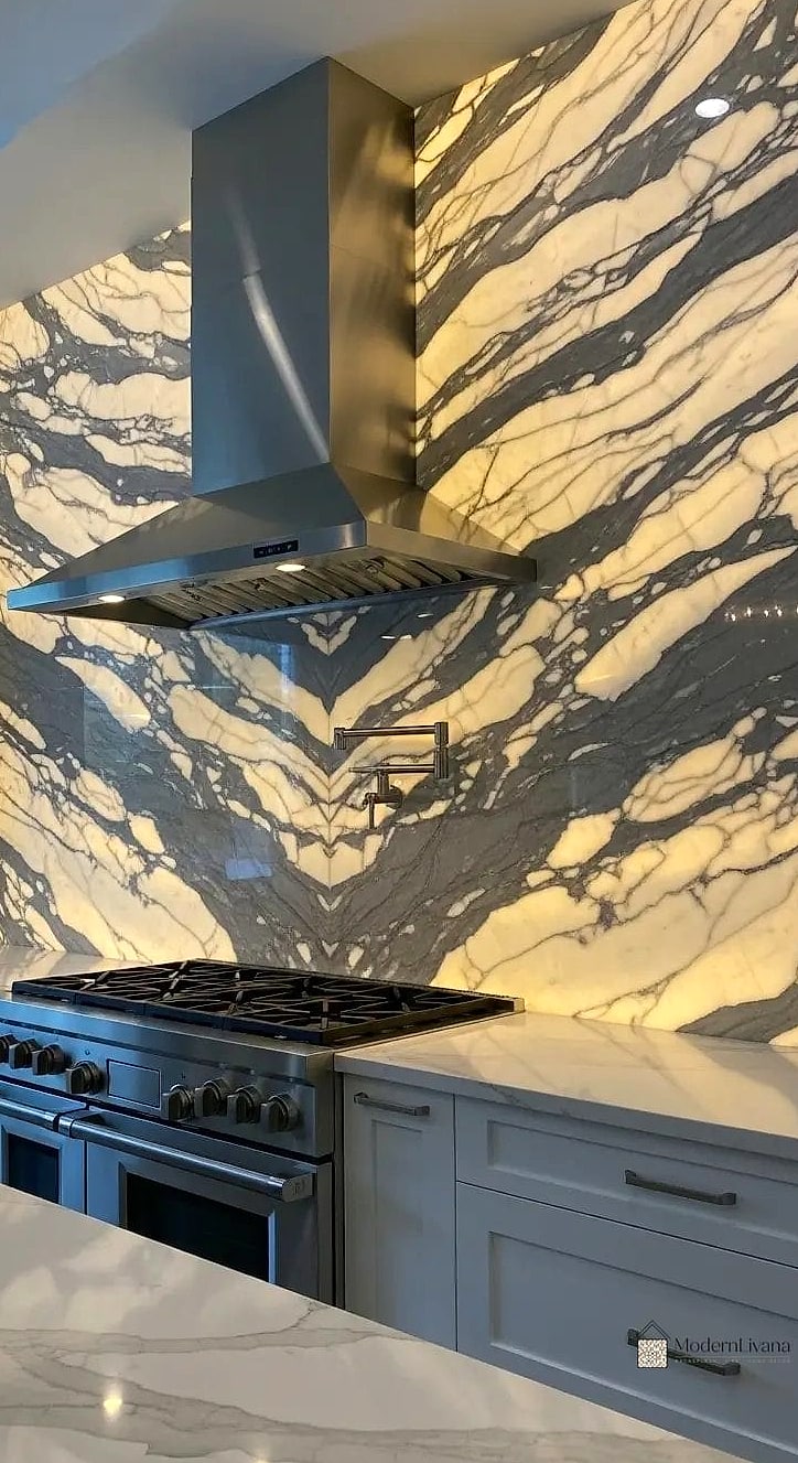 Bold Calacatta Marble Chevron Statement Wall