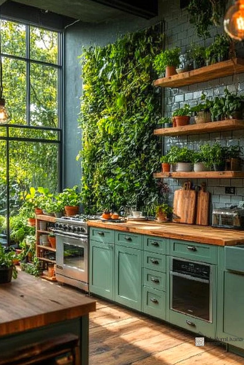 Botanical Green Cabinetry With Floral Accents