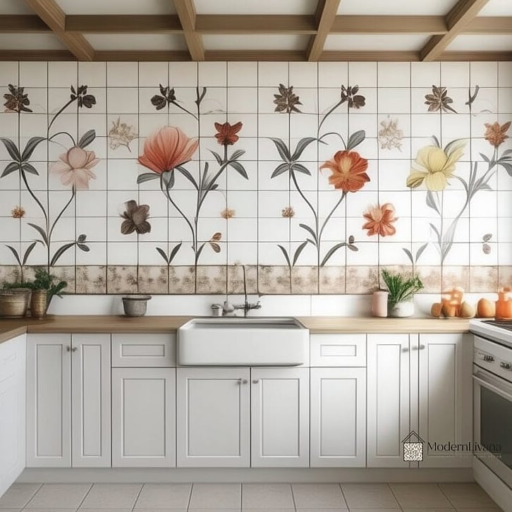 Botanical Tile Backsplash With Handcrafted Texture