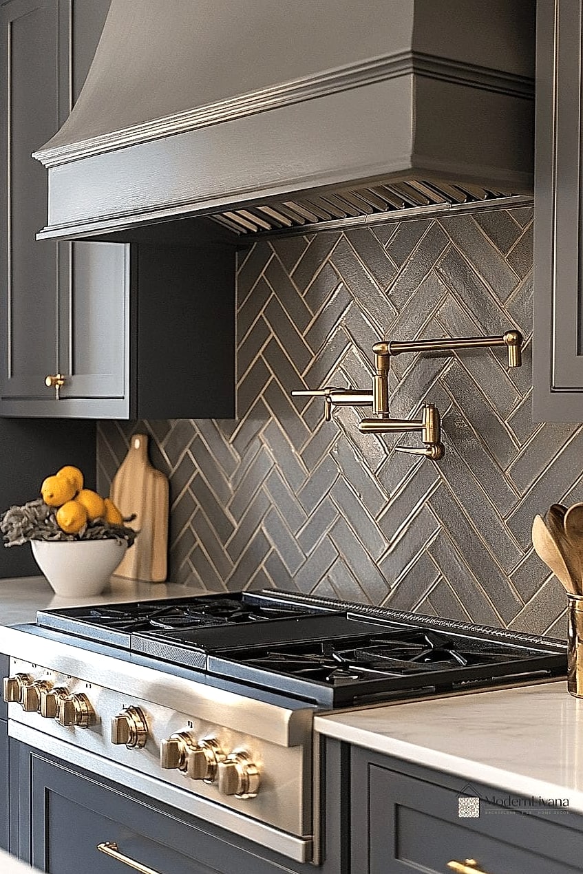 24 Brass Backsplash Ideas That Maximize Style and Function 6 Brass Herringbone Pattern