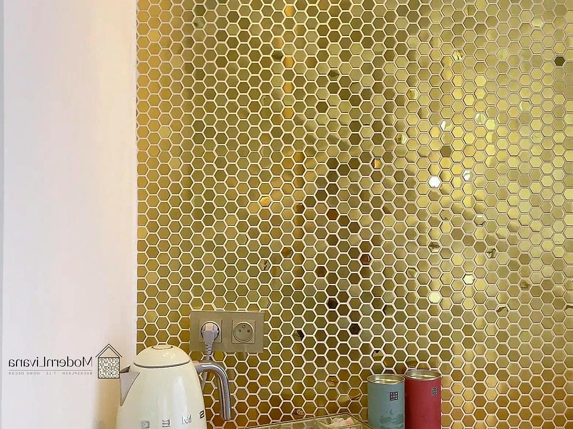 24 Brass Backsplash Ideas That Maximize Style and Function 15 Brass Hexagon Tiles