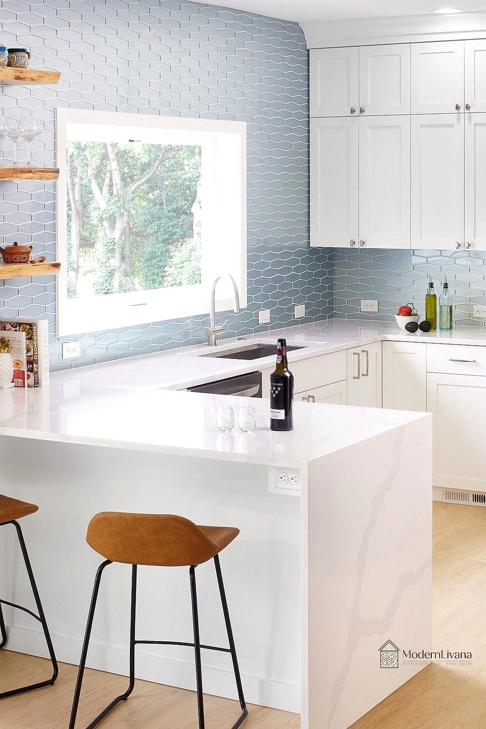 27 White Quartz Backsplash Ideas for Every Home Style and Budget 4 Bright White Quartz Behind Open Shelving