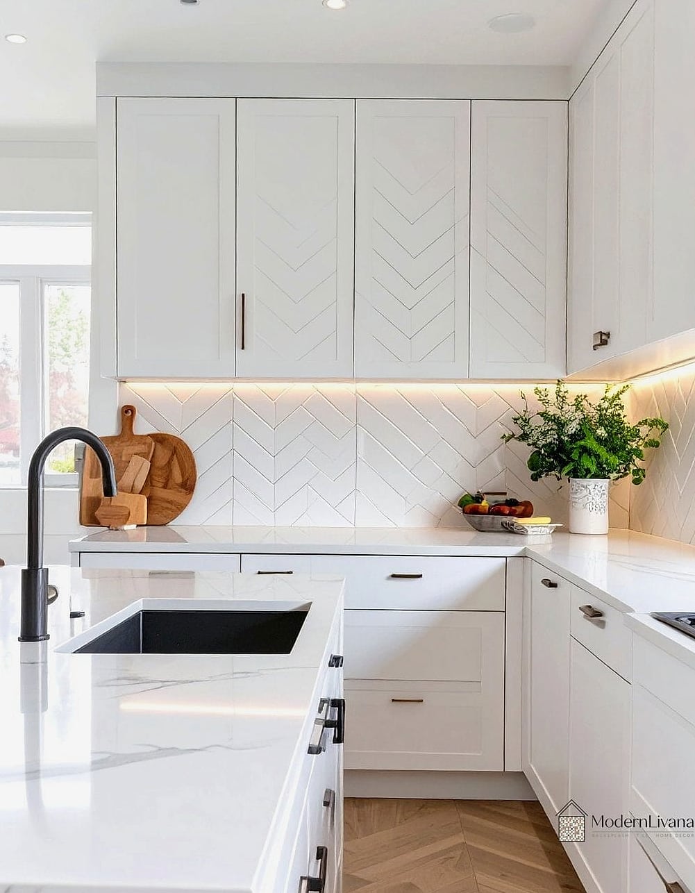 28 White Chevron Backsplash Ideas That Maximize Style and Function 7 Chevron Behind Open Shelving