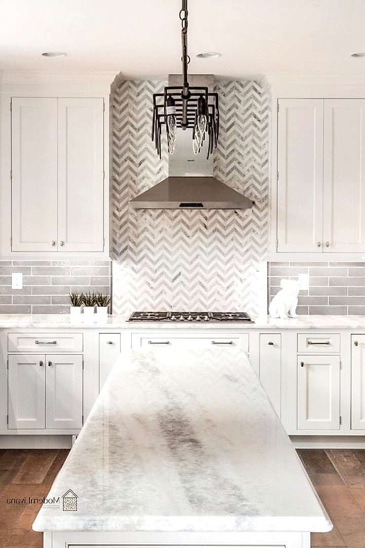 28 White Chevron Backsplash Ideas That Maximize Style and Function 6 Chevron Extending to the Ceiling