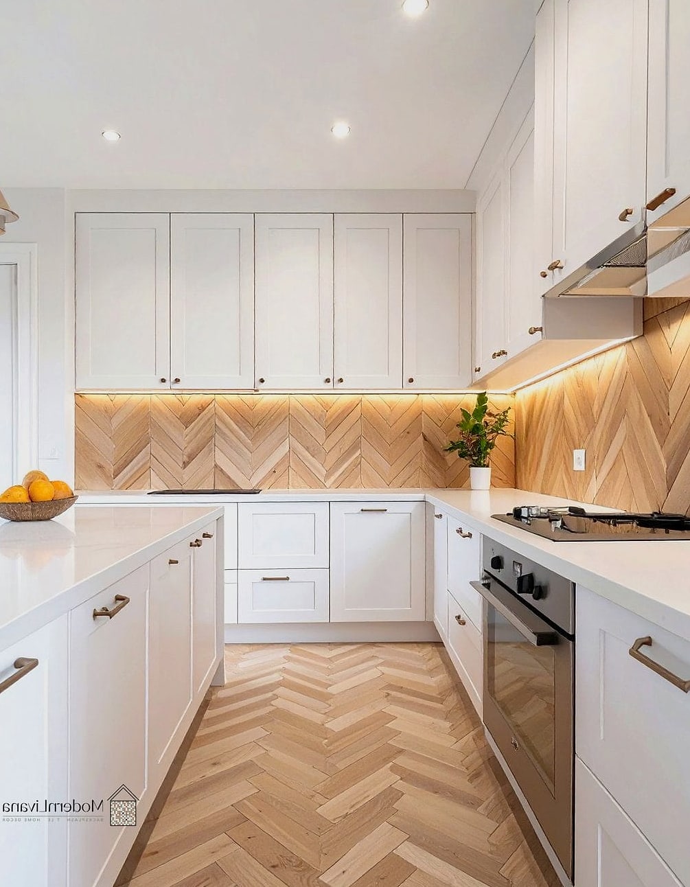28 White Chevron Backsplash Ideas That Maximize Style and Function 10 Chevron with Warm Wood Open Shelves