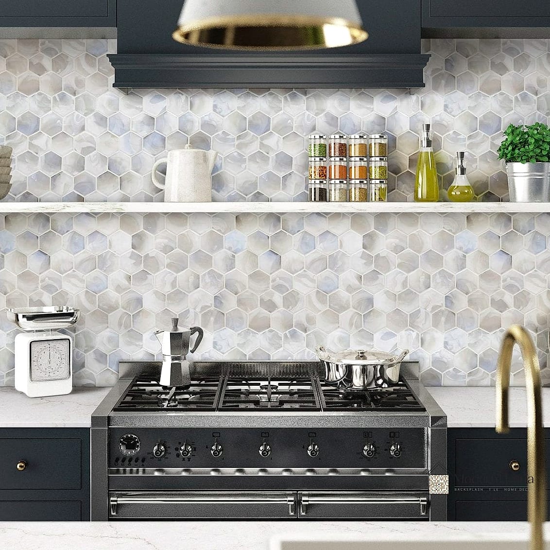 Classic White Hexagon with Light Gray Grout