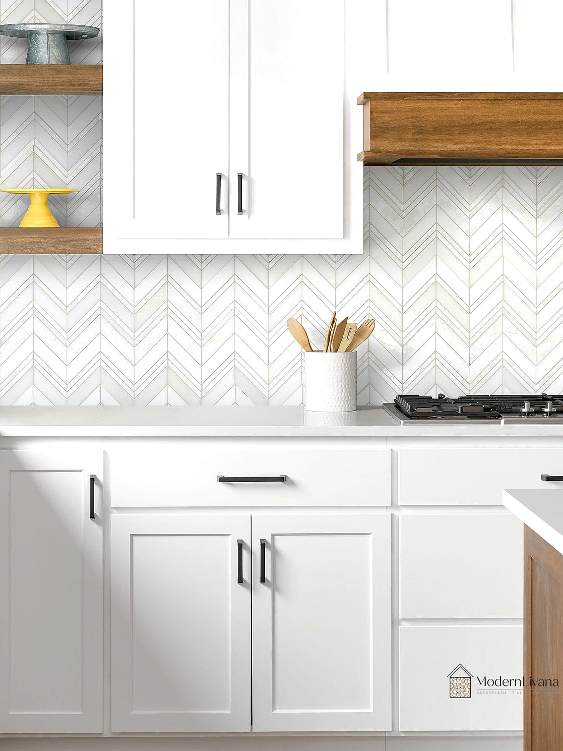 22 White Chevron Backsplash Ideas That Maximize Style and Function 2 1. Classic White Chevron Subway Tile Backsplash