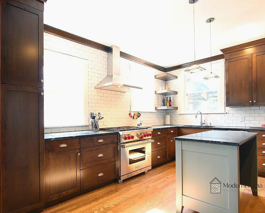 Dark Soapstone Island with White Countertops