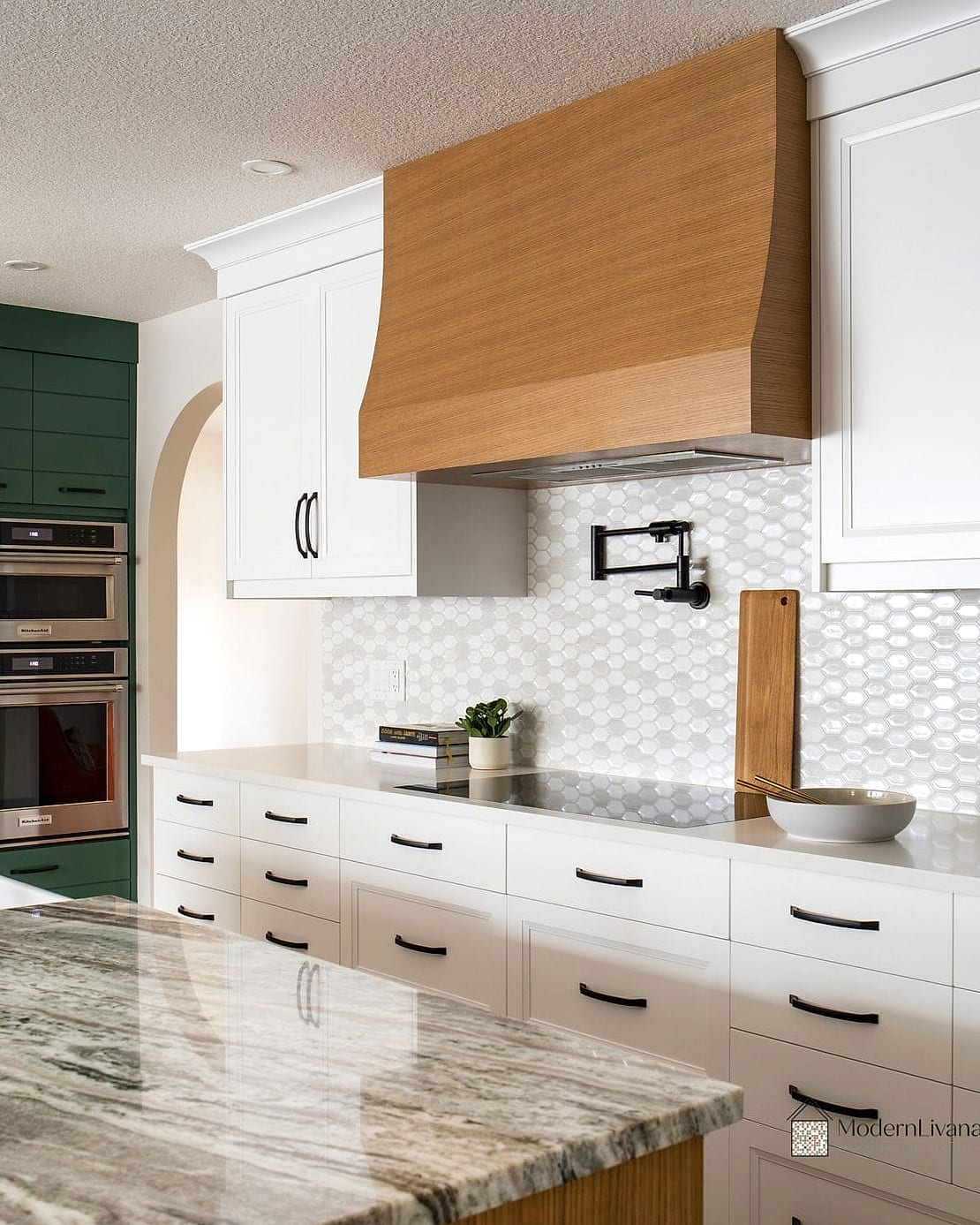 Elongated Hexagon Tile Around Open Shelving