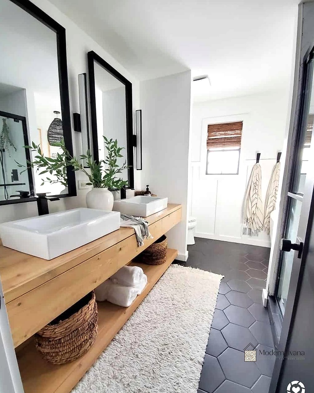 Floating Wood Vanity with Black Hardware