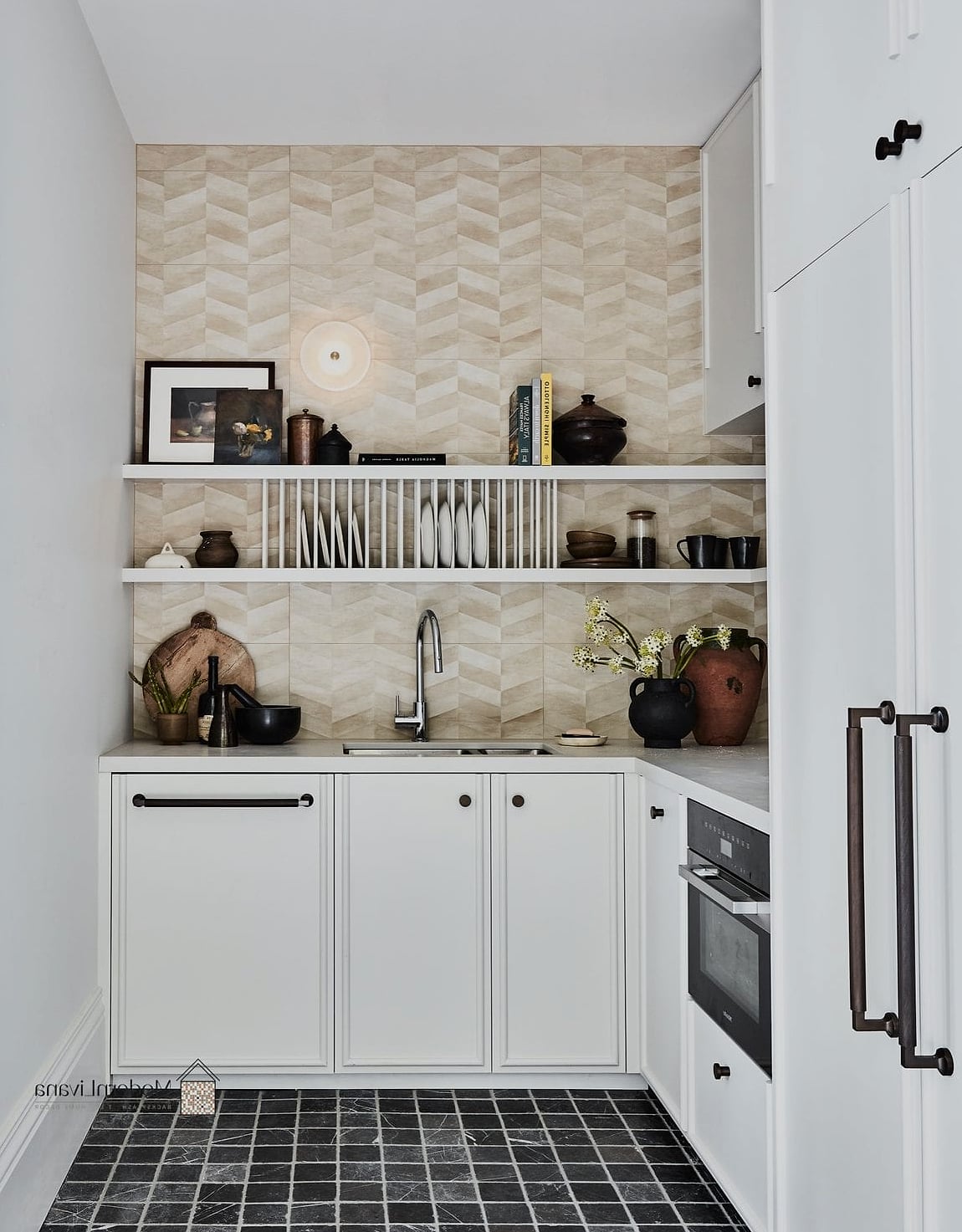 Floor-to-Ceiling Marble Chevron Kitchen Wall