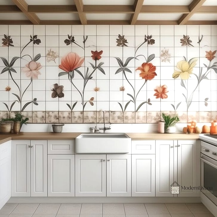 Floral Mosaic Tile Around the Sink