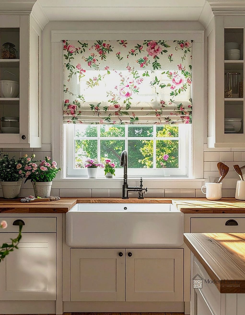 Floral Roman Shades Over Kitchen Windows