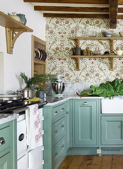 Floral Wallpaper Behind Open Shelving
