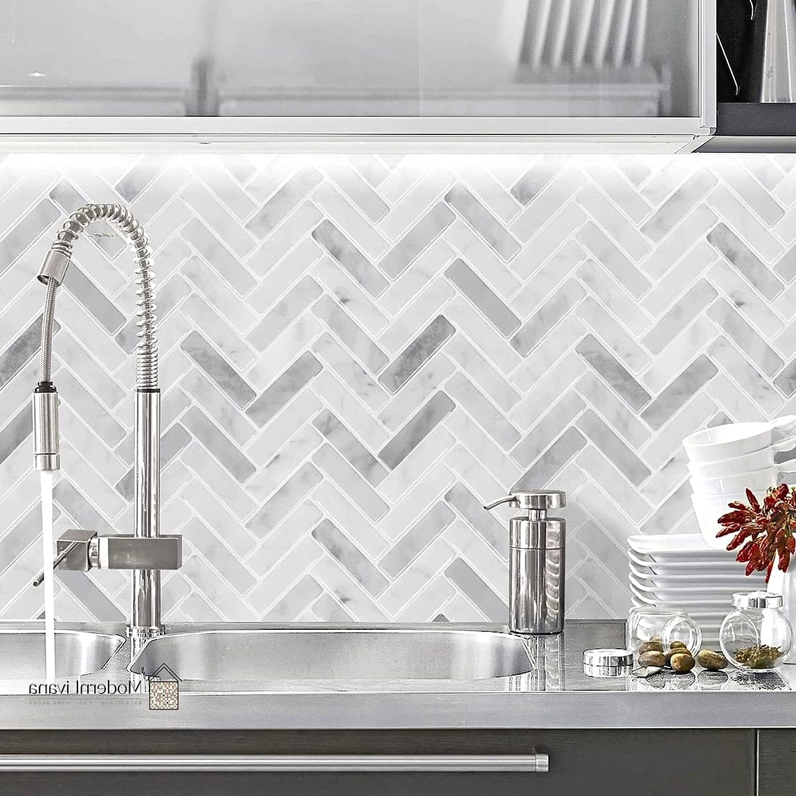 Glass Herringbone Backsplash