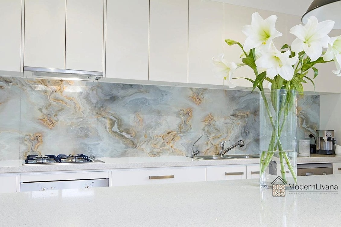 Glass Sheet Backsplash with Marble Effect Finish