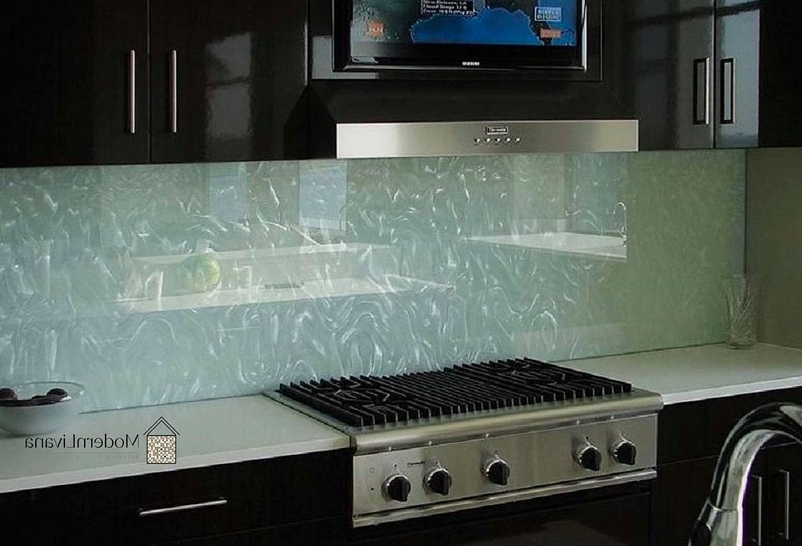 Glass Sheet Backsplash Behind Open Shelving