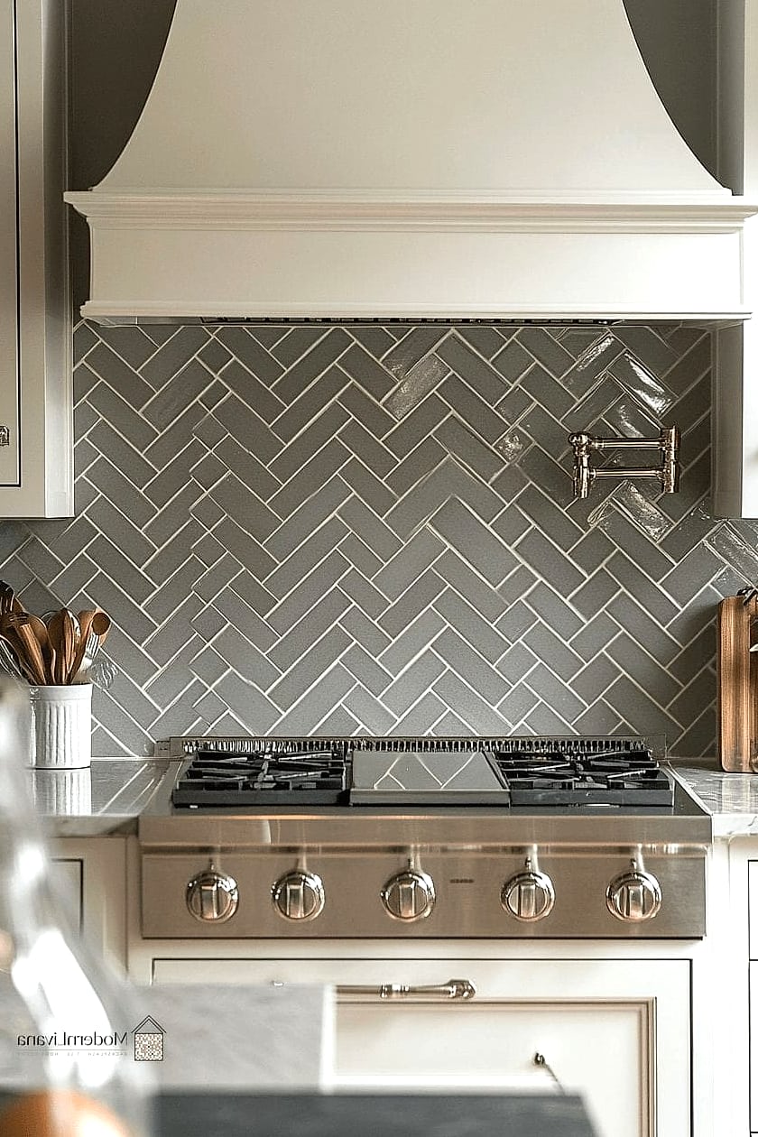 Glass Sheet Backsplash with Herringbone-Inspired Pattern