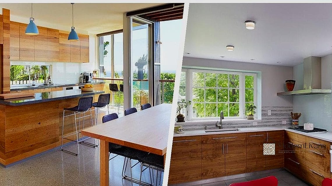 Glass Sheet Backsplash with Wood Cabinet Contrast