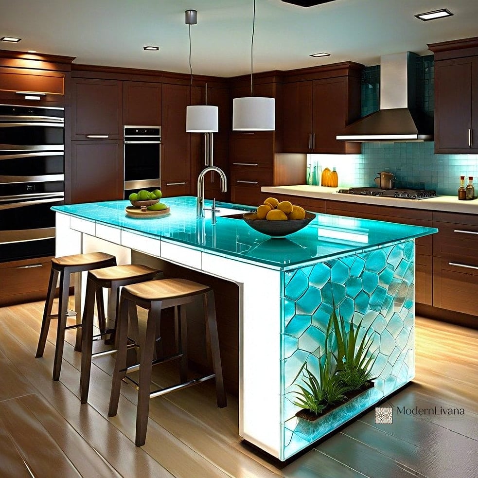 Glass Tile Kitchen Island Waterfall Edge
