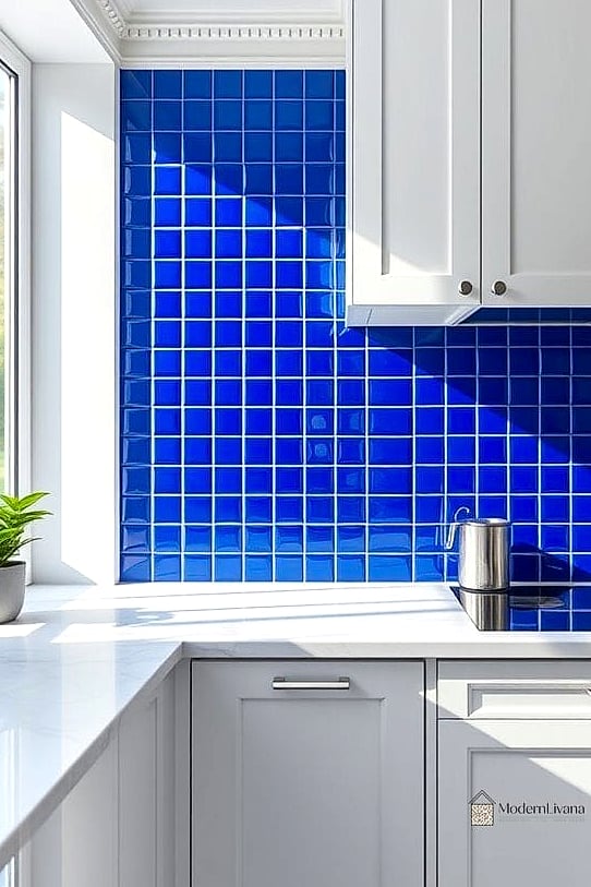 Glossy Blue Tile Behind the Stove
