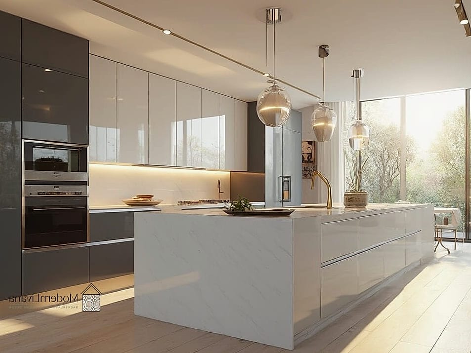 Glossy Cabinets with Matte Countertop Contrast