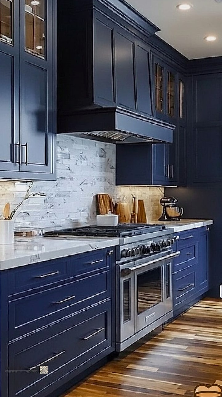Glossy Navy Cabinets with Brass Hardware