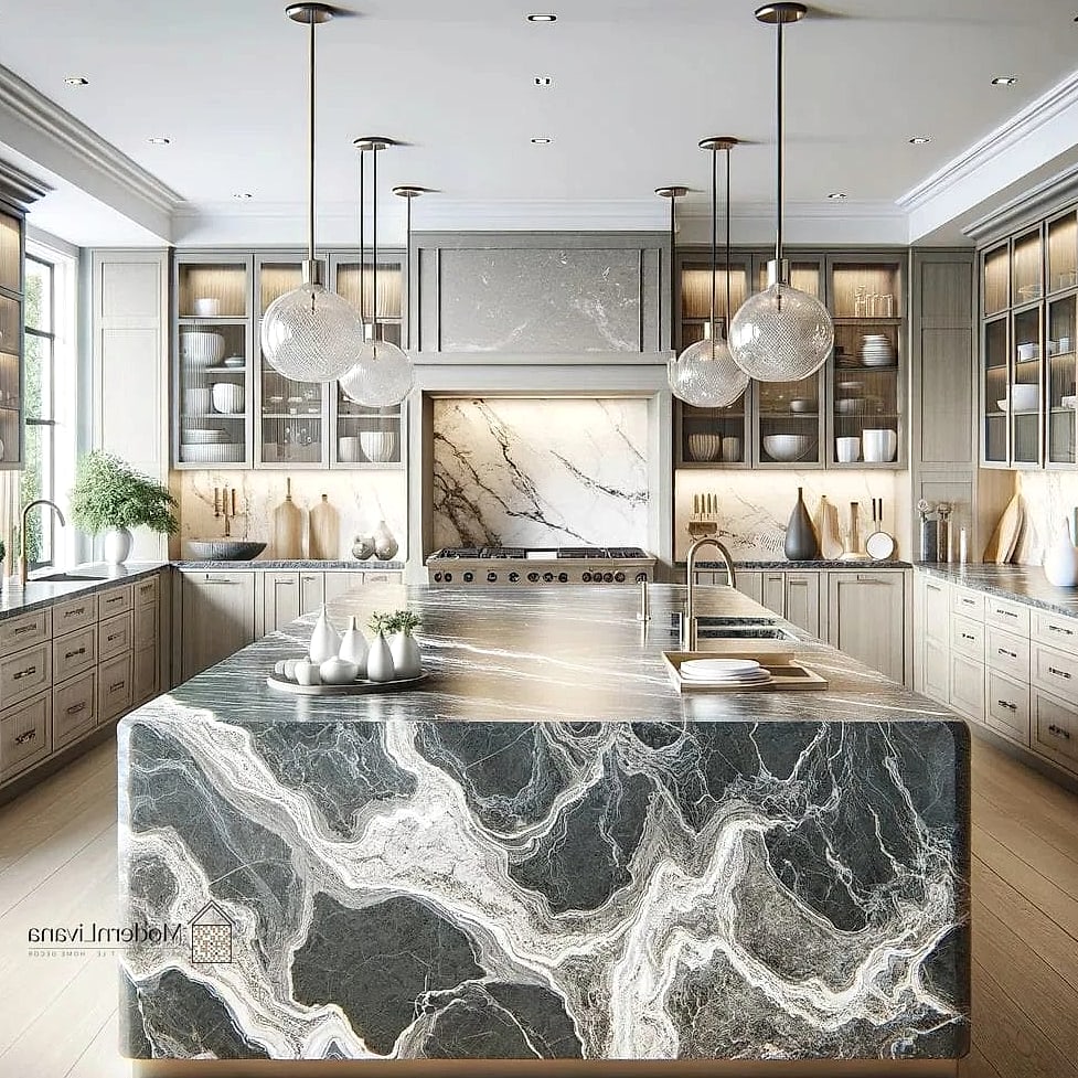 Glossy Quartz Countertops with Waterfall Edges