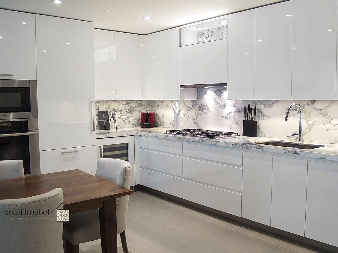 Glossy White Cabinets with Warm Wood Accents