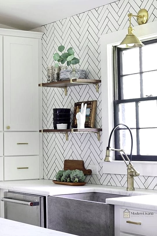 22 White Chevron Backsplash Ideas That Maximize Style and Function 3 2. Glossy White Chevron Tile for Small Kitchens