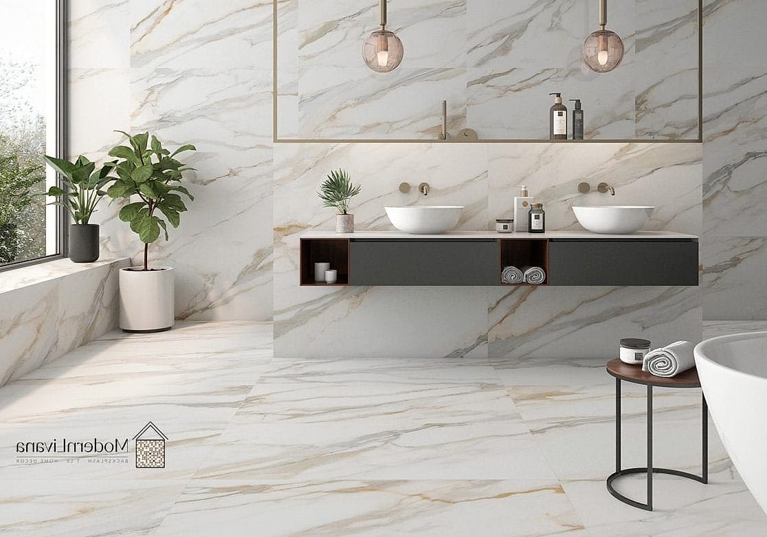 Glossy White Glazed Tile with Brass Fixtures