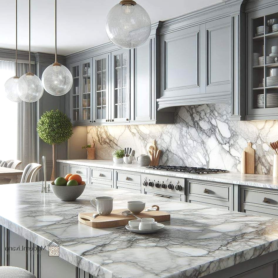 Gray Cabinets with Marble Countertops
