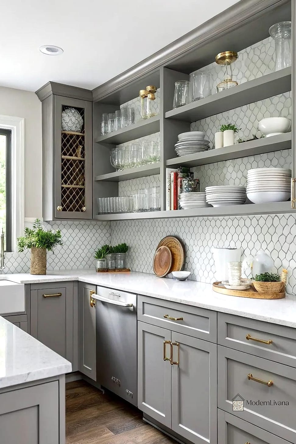 Gray Cabinets with Open Shelving