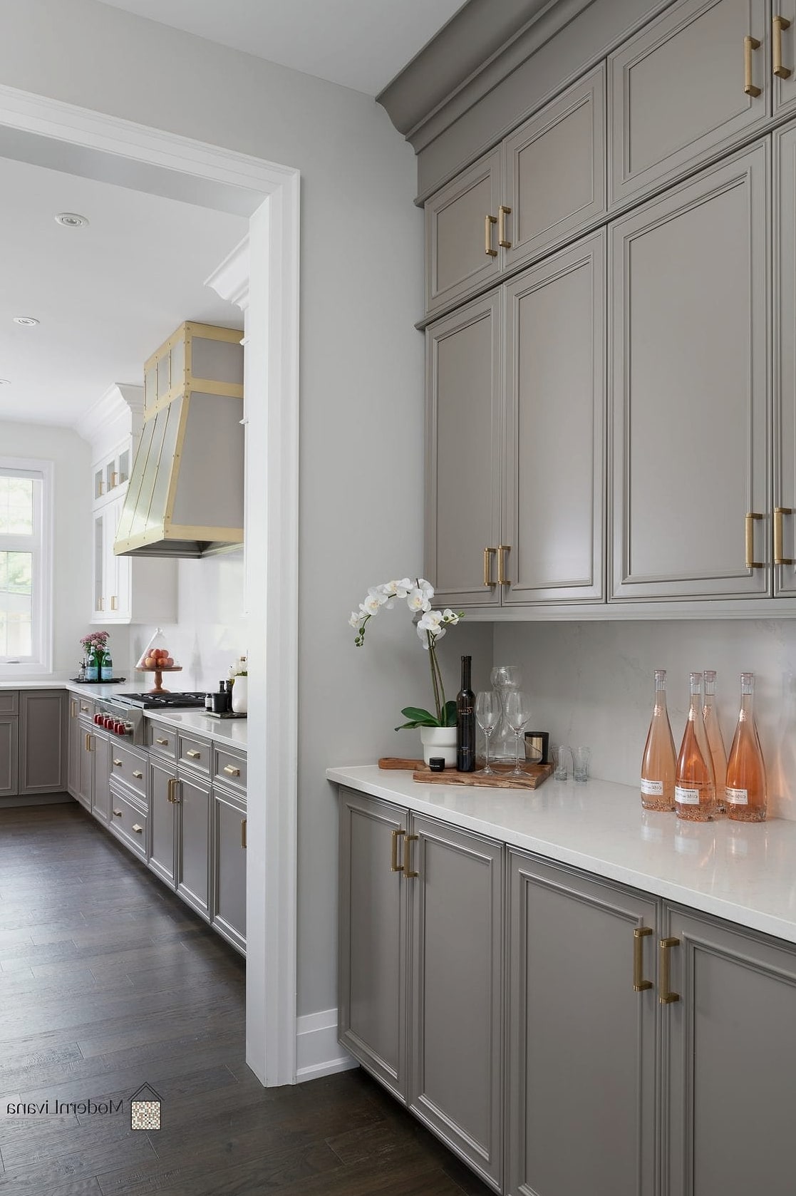 Gray Cabinets with Brass Hardware