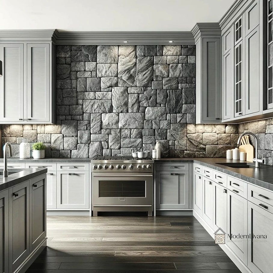 Gray Cabinets with Natural Stone Backsplash